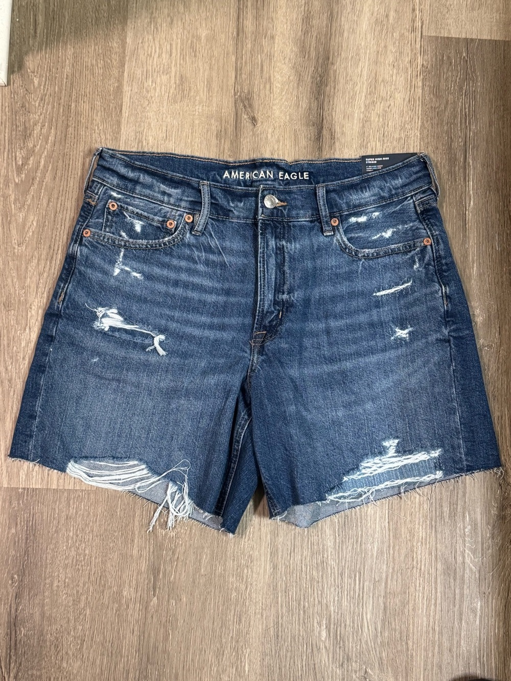 American Eagle Women's Super High Rise Strigid 6” Distressed Shorts